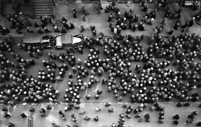 Overhead view of men wearing hats, New York, 1930